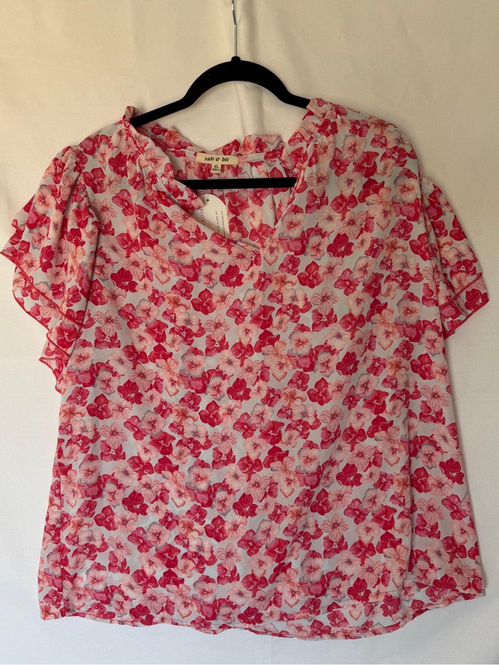 Pink Floral V-Neck Flutter Sleeve Blouse